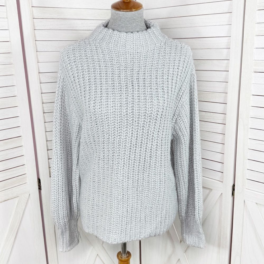 Ann‎ Taylor Metallic Shimmer Mock Neck Chunky Sweater Grey Medium - Picture 2 of 14